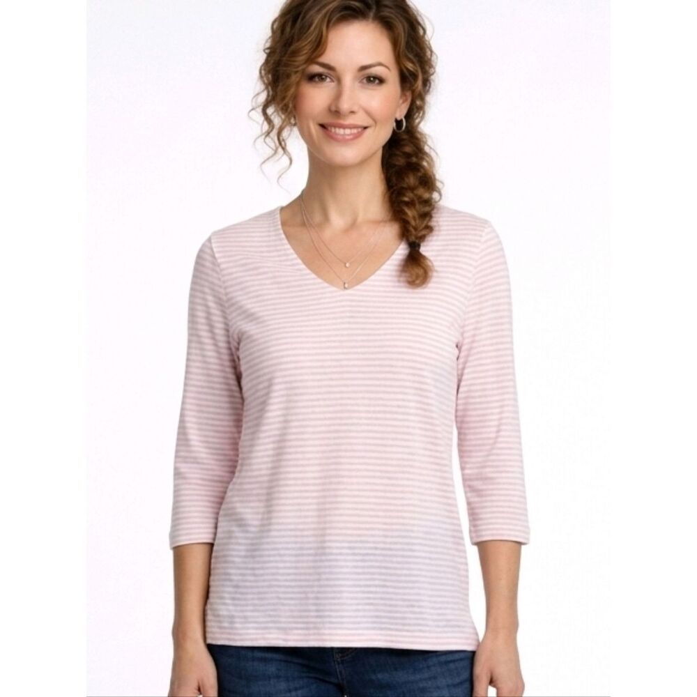 Chico's Pink Striped V-neck 3/4 Sleeve Side Vent Shirt Size M